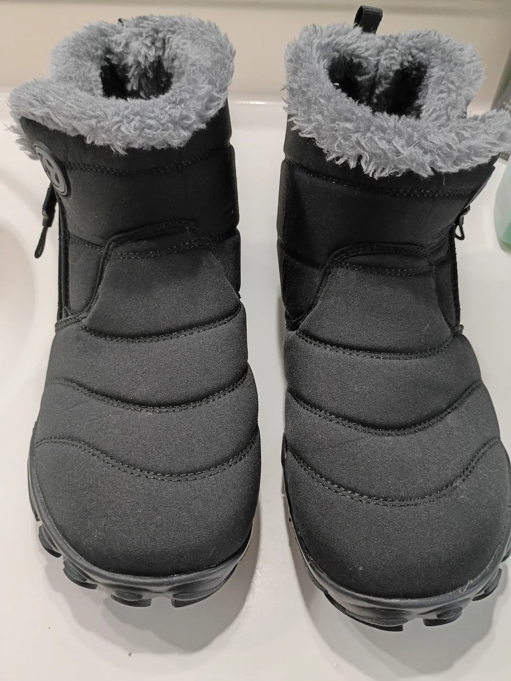 Women's Black Winter Ankle Boots with Grey Faux Fur Collar
